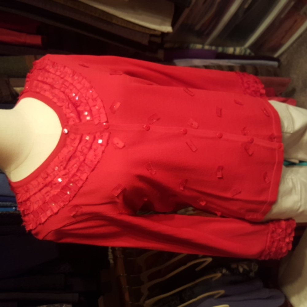 ANN TRINITY ♡ Gorgeous Red Ribbon Sequin Embellished Bling Button Front Blouse M
